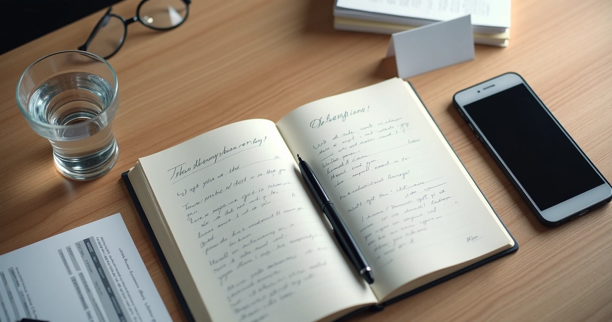 Cuaderno abierto con notas de reflexión después de una exposición pública