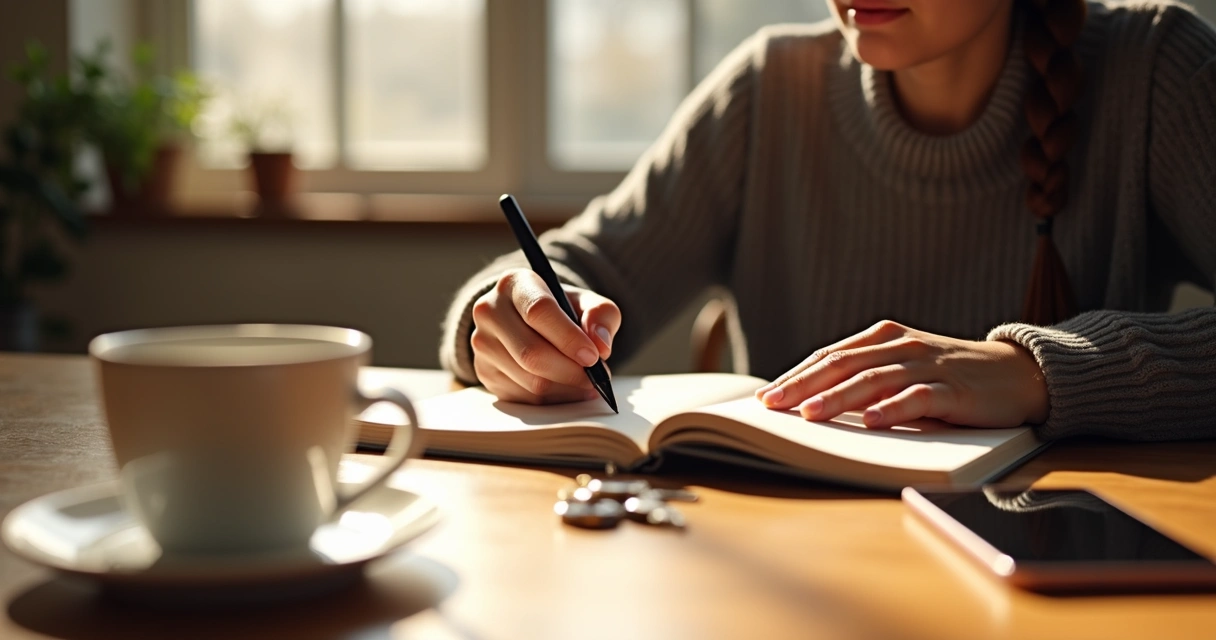 Persona escribiendo en un cuaderno rodeada de objetos cotidianos 