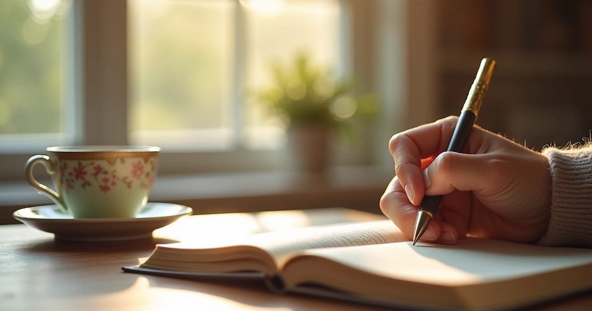 Mano escribiendo en diario junto a taza de té en ambiente relajado 