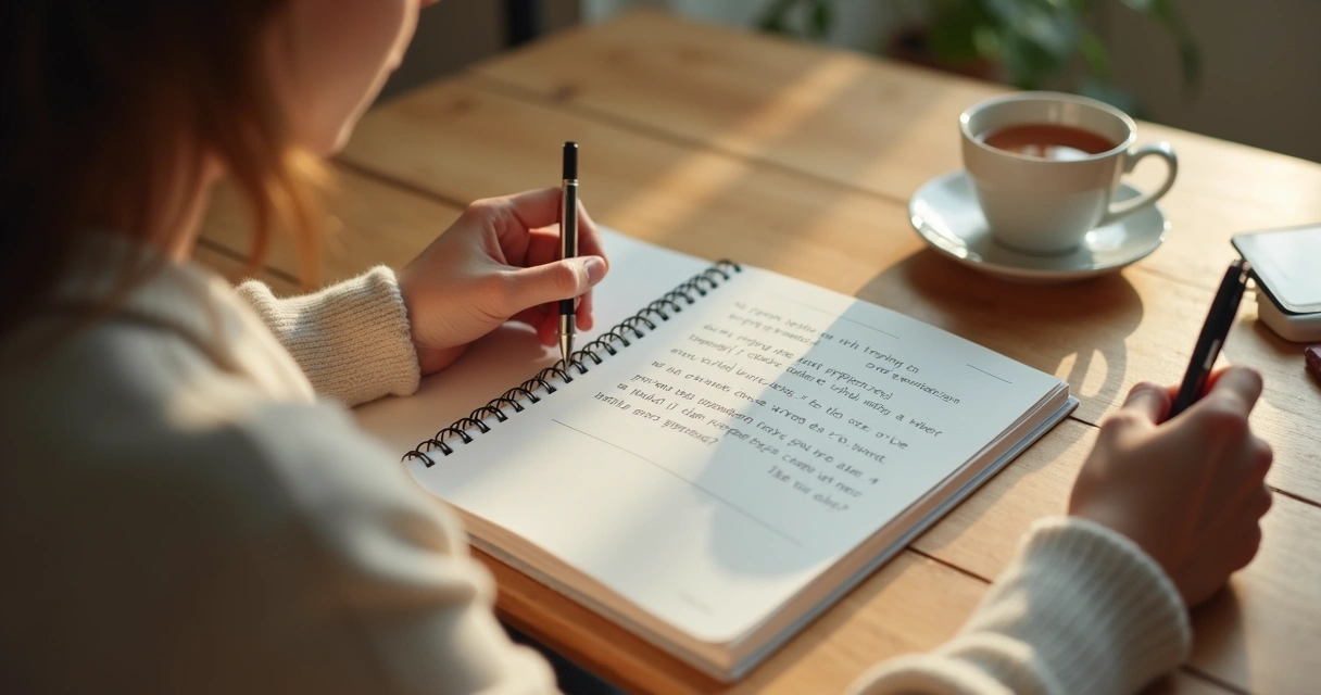 Persona escribiendo preguntas de reflexión en un cuaderno 