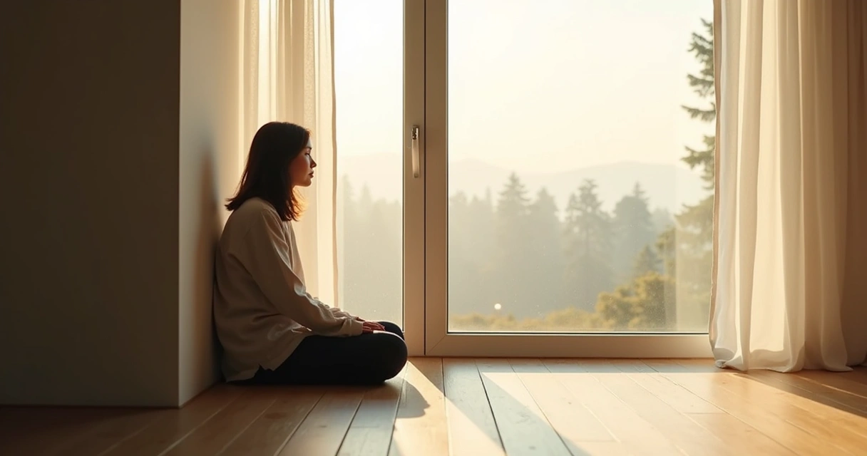 Persona sentada sola junto a una ventana, reflexionando en silencio en una habitación luminosa. 