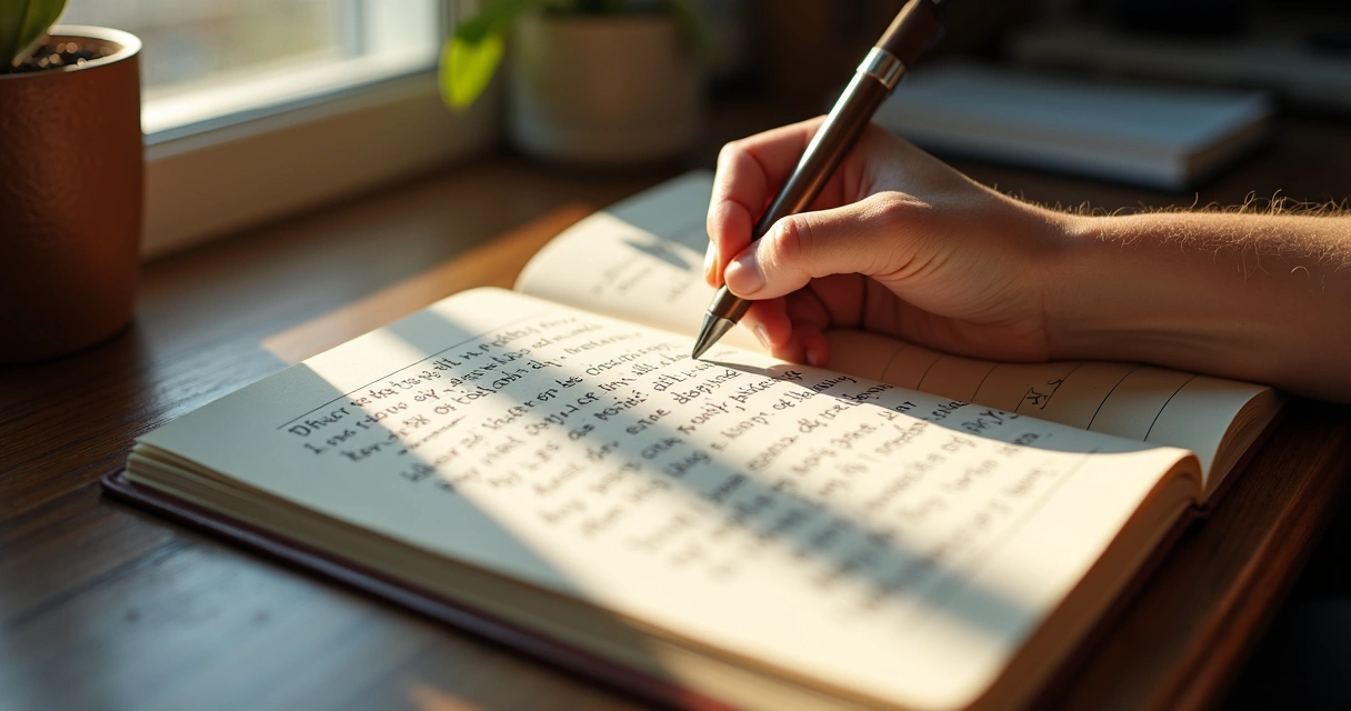 Mano escribiendo pensamientos internos en un cuaderno 