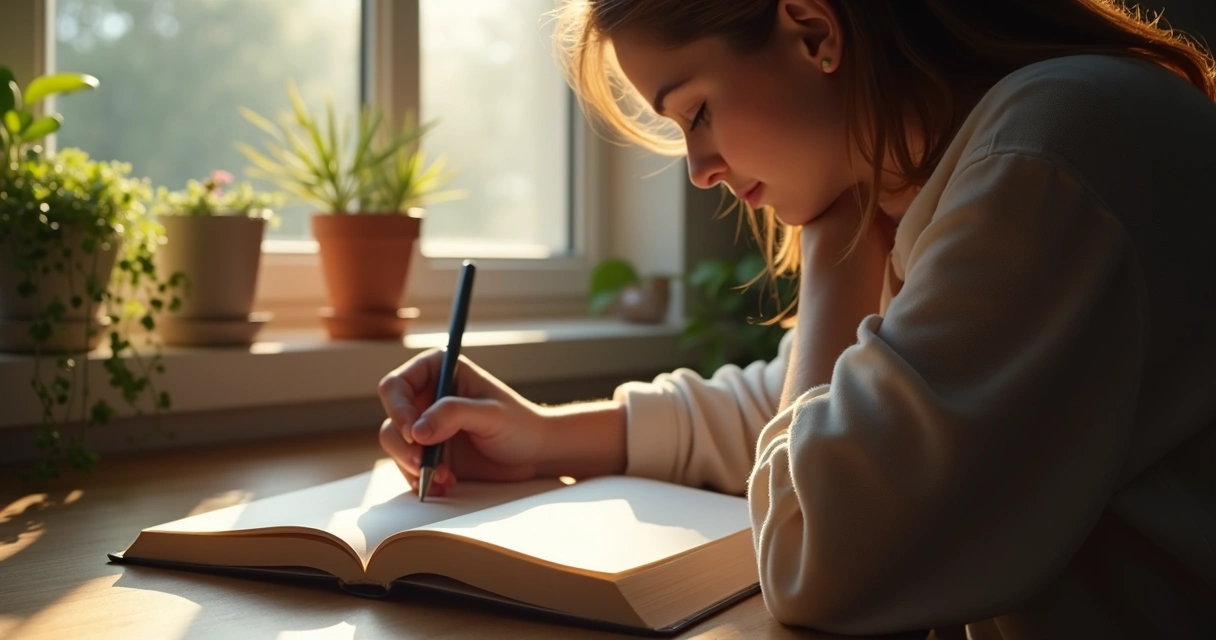 Persona reflexionando y escribiendo en diario con luz natural