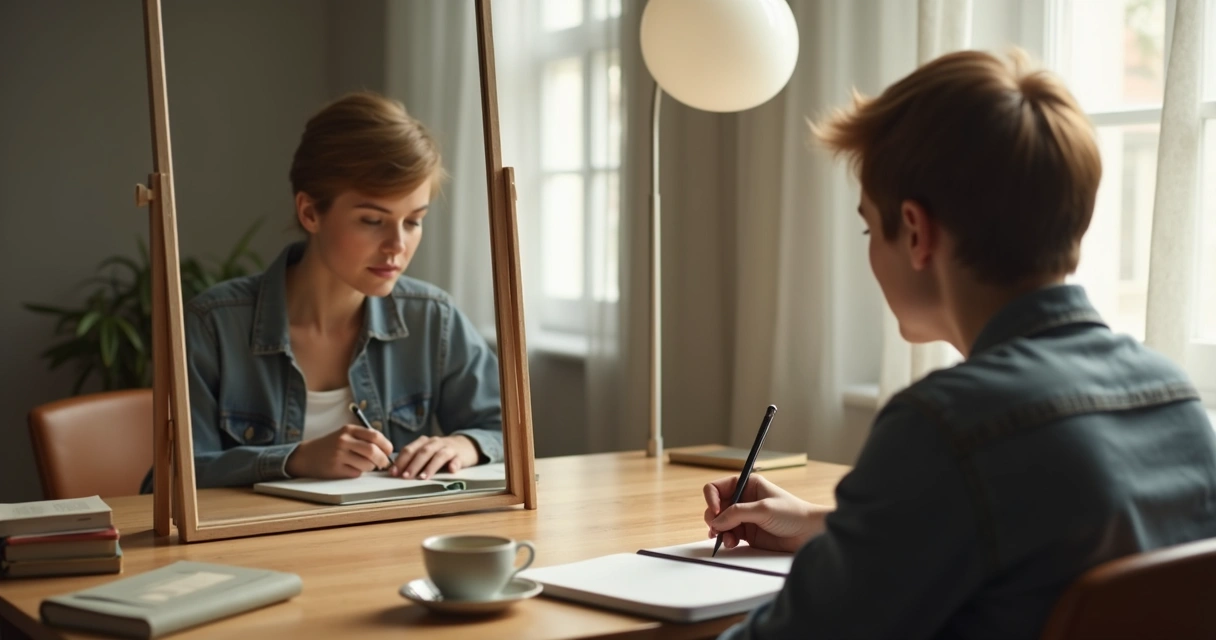 Persona escribiendo preguntas de reflexión frente a un espejo 