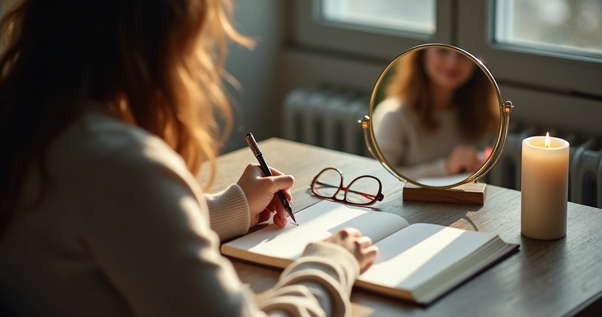 Persona escribiendo frente a un espejo pequeño y un cuaderno 