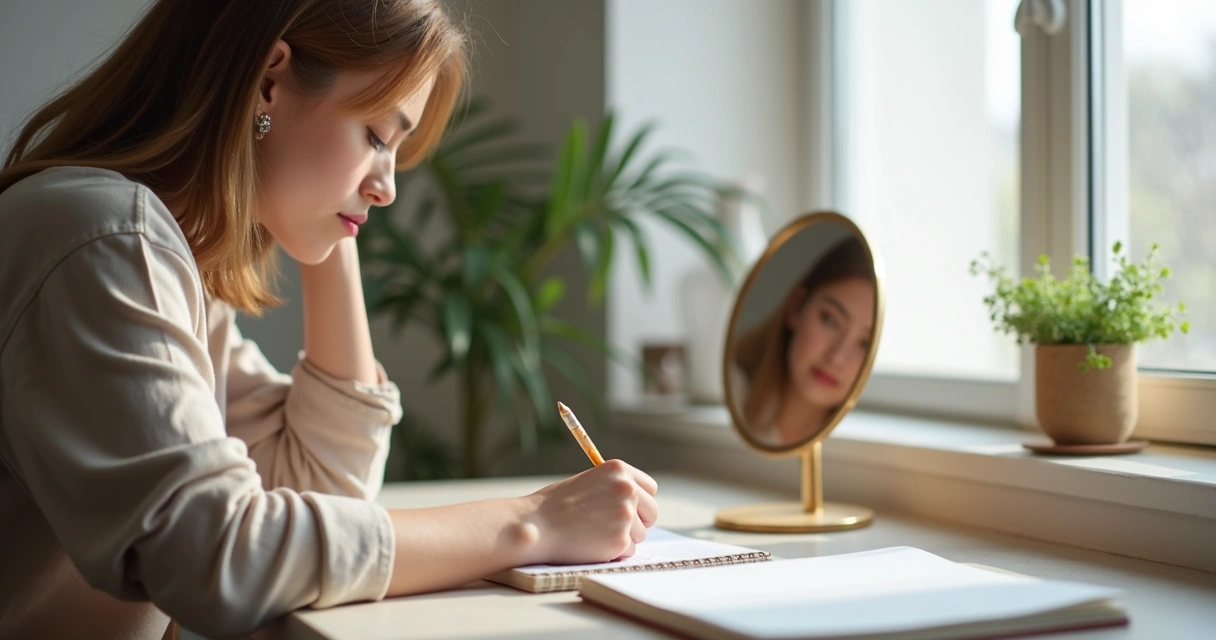 Persona observando su reflejo mientras escribe en un escritorio