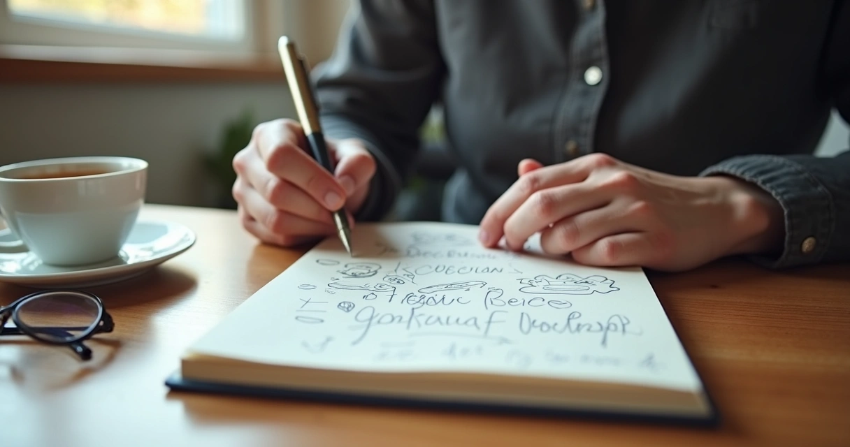 Persona reflexionando y tomando notas sobre dilema ético