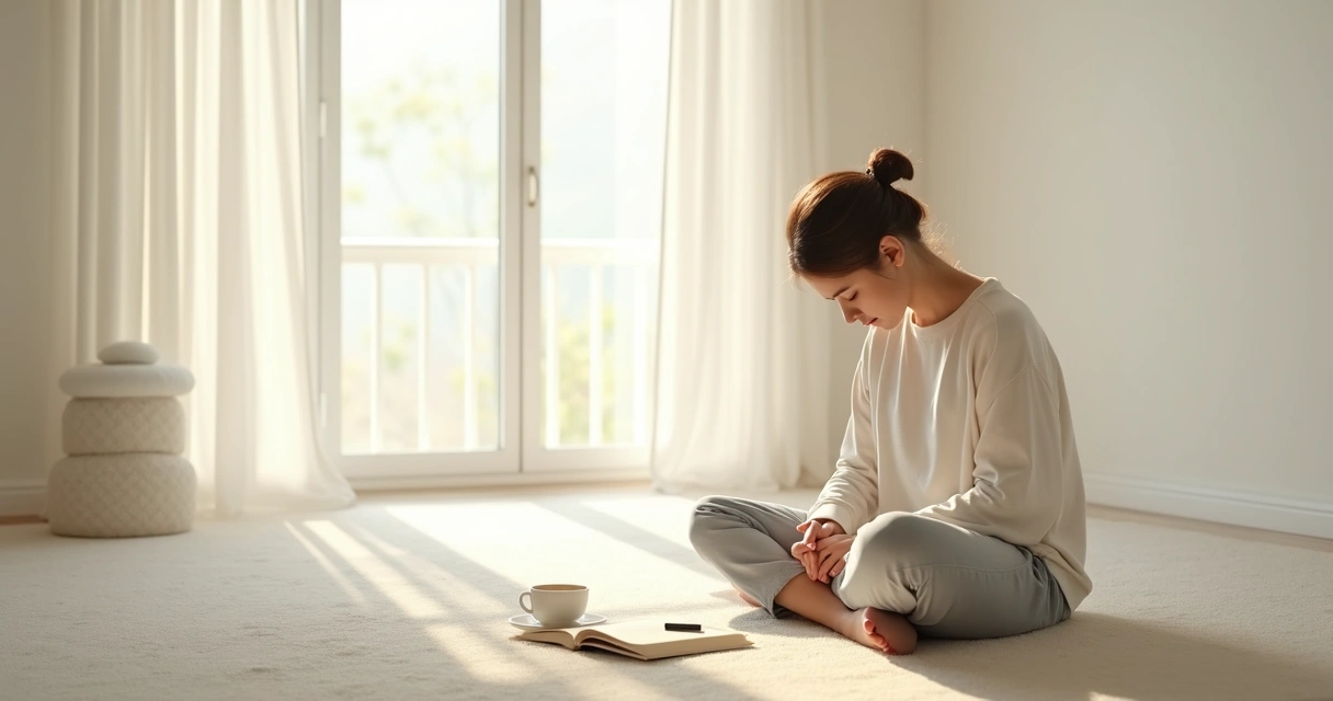 Persona reflexionando en un ambiente tranquilo con luz suave
