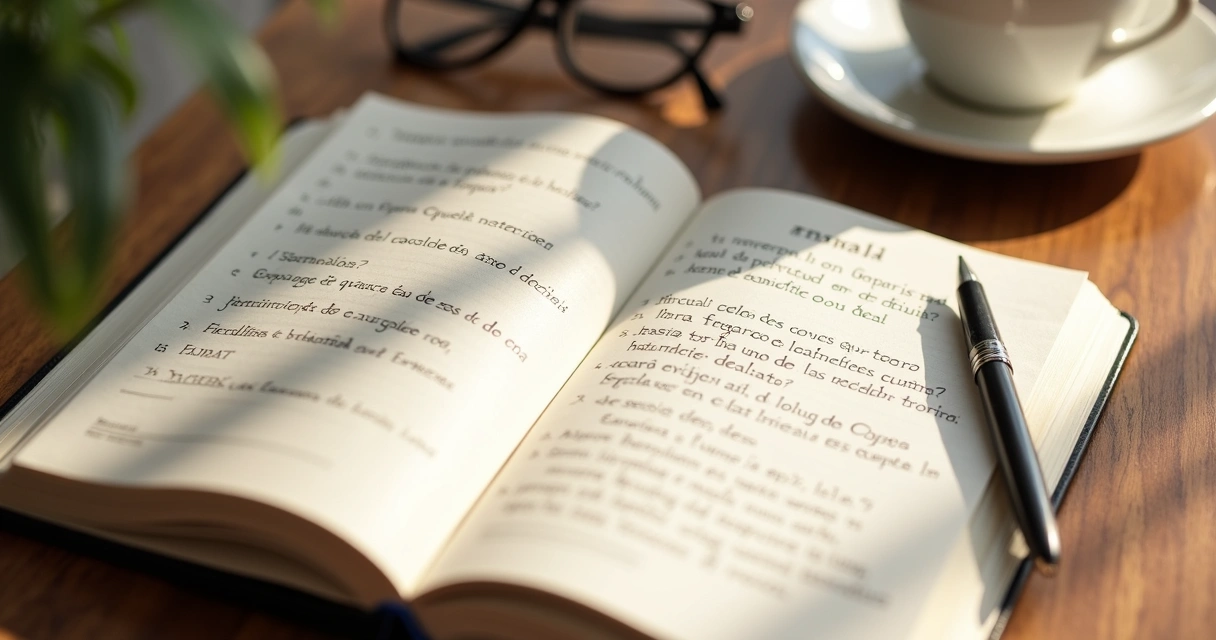 Cuaderno abierto con preguntas éticas y una taza de café 
