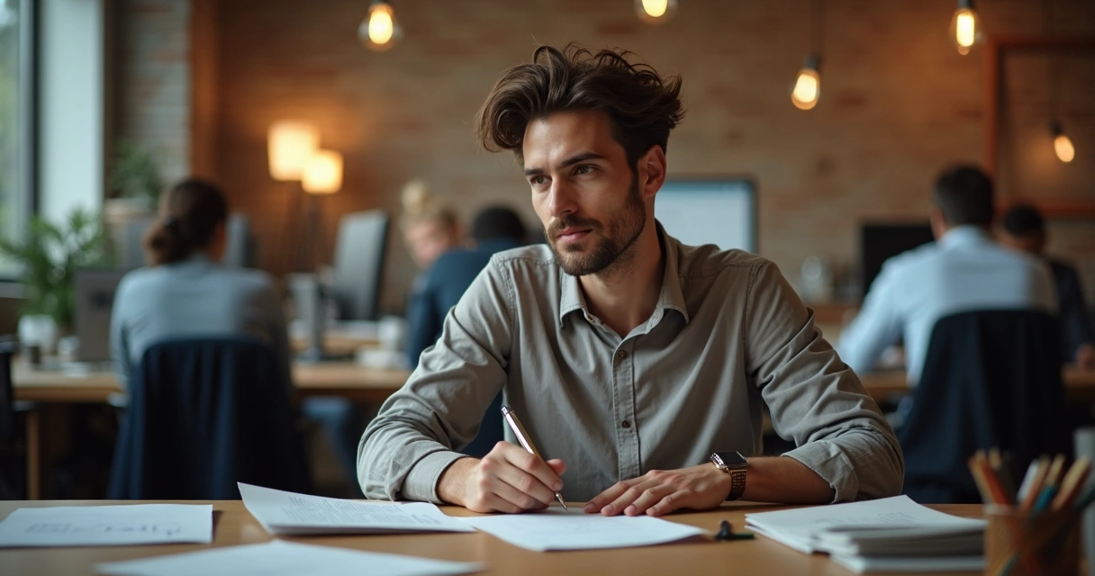 Persona reflexionando en su escritorio con papel y bolígrafo, rodeado de luz cálida, ambiente de oficina atento y tranquilo 