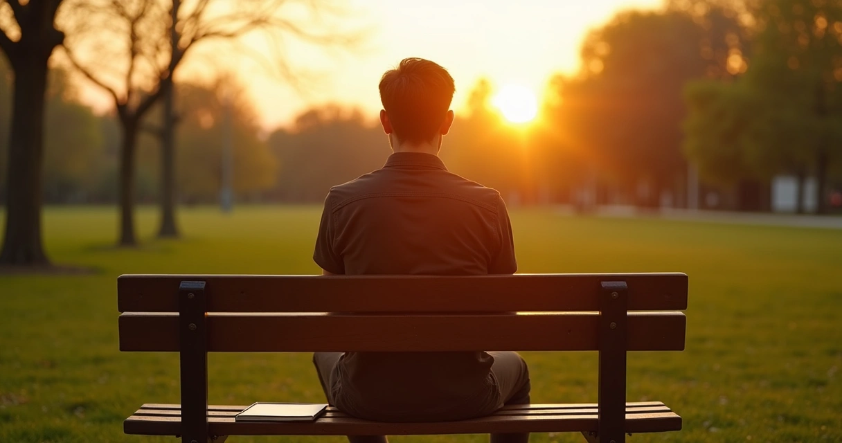 Persona reflexionando en silencio, sentado en banco de parque al atardecer 