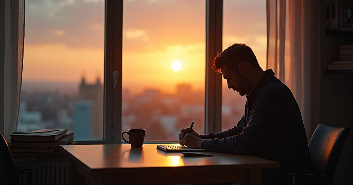 Persona sentada frente a un cuaderno reflexionando al atardecer