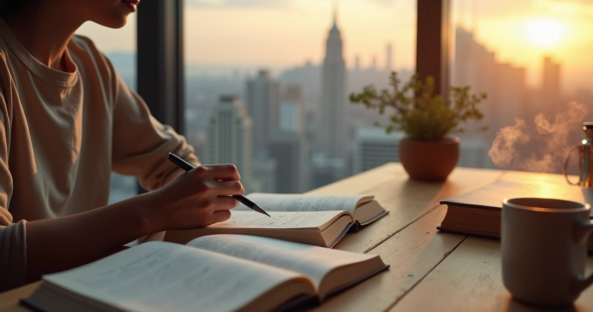 Persona pensando frente a ventana con libreta y paisaje urbano al amanecer 