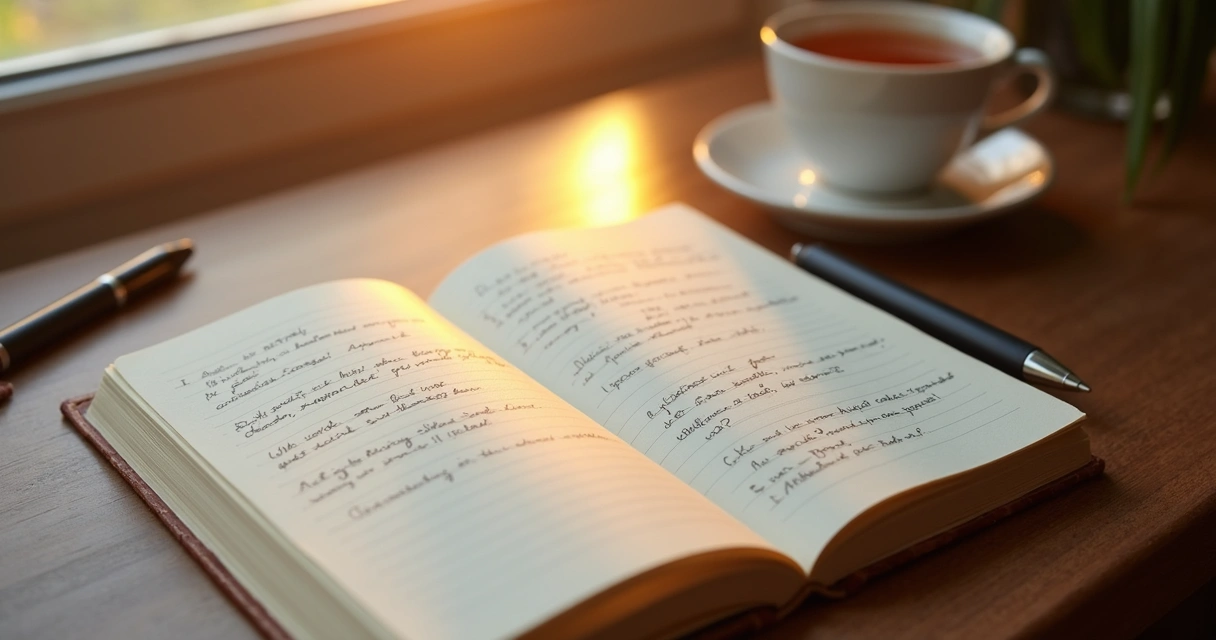 Cuaderno abierto con notas de reflexión diaria al final de la tarde 