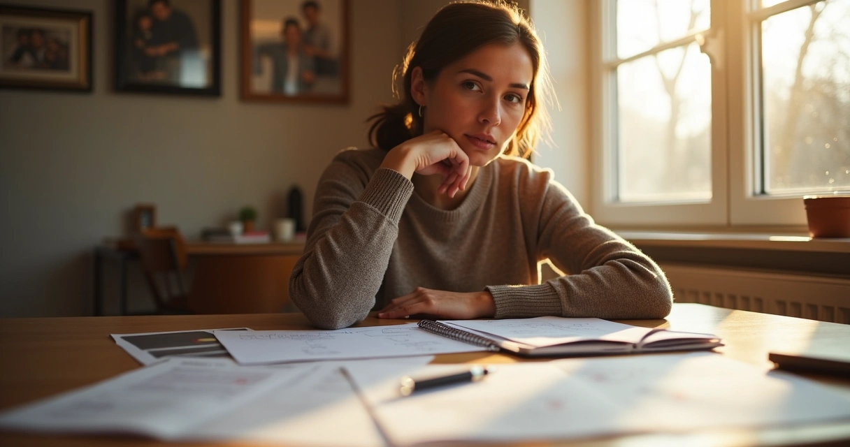 Persona reflexionando sobre finanzas en una mesa con papeles y luz cálida