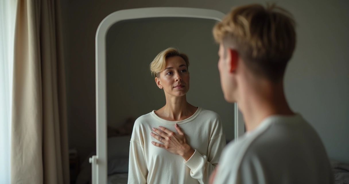 Persona observándose en un espejo con expresión reflexiva