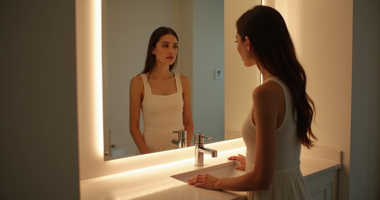Persona observándose en el espejo con expresión serena en un baño iluminado