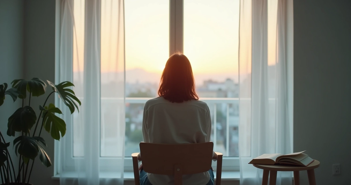 Persona sentada frente a una ventana en momento de reflexión 