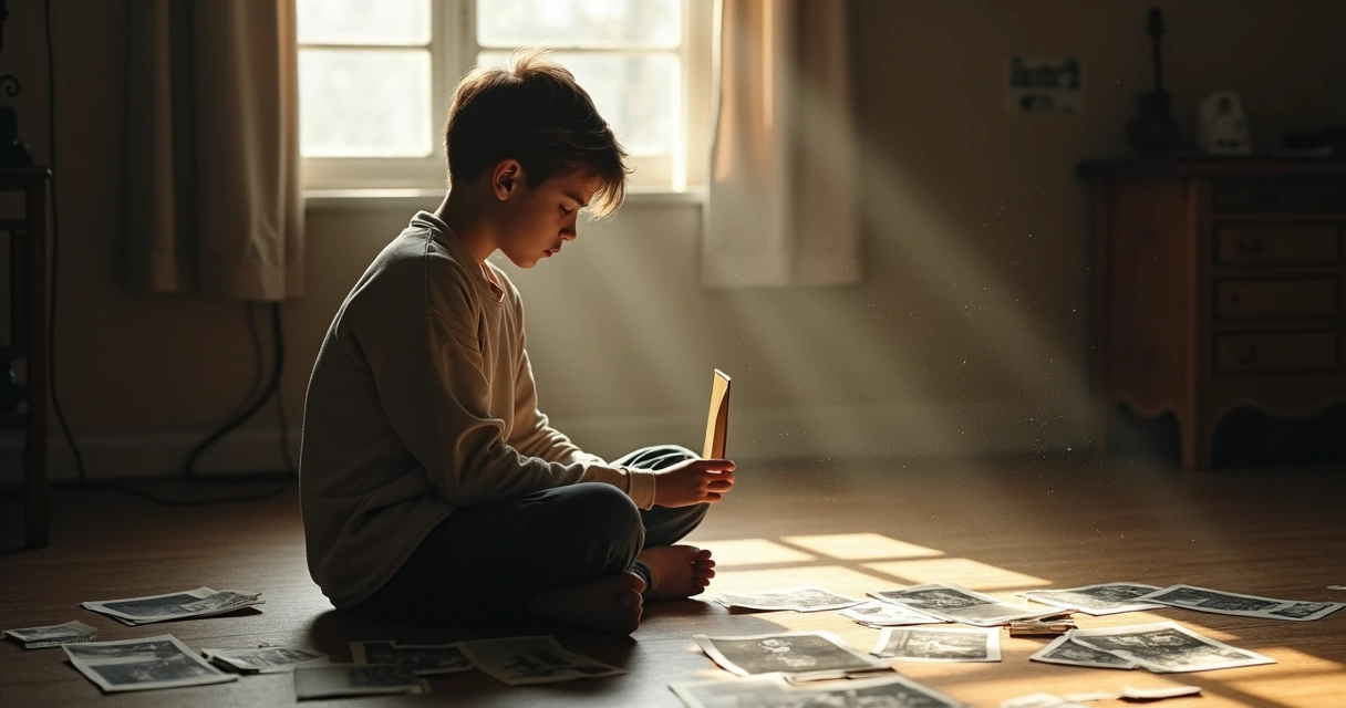 Joven sentado mirando fotografías antiguas 