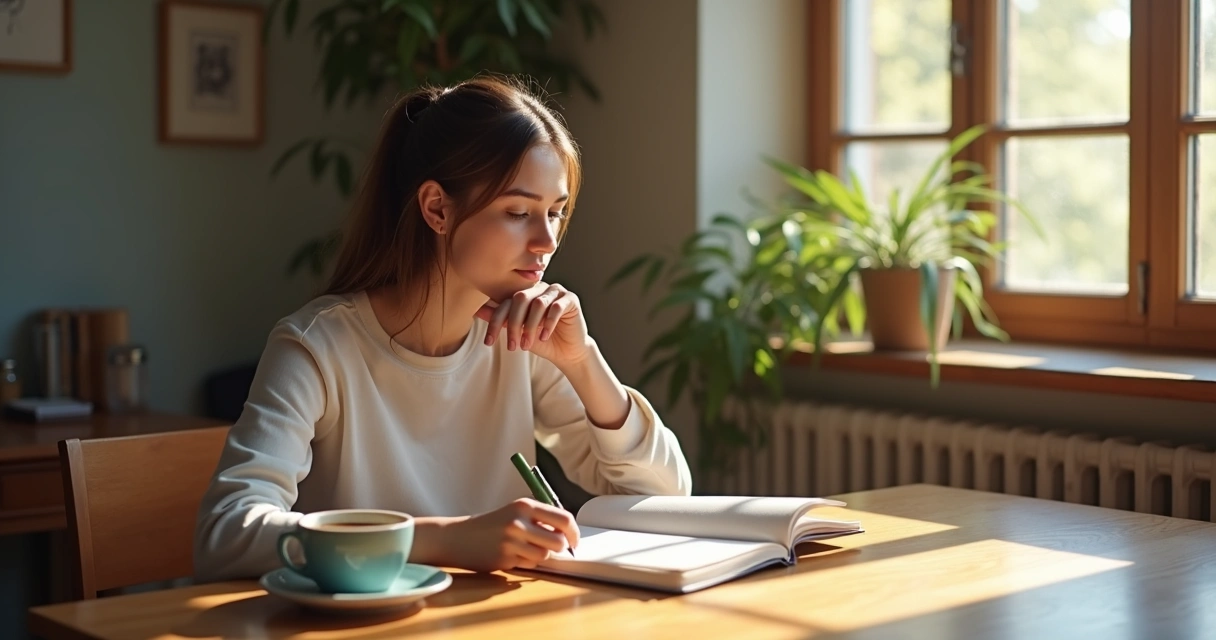 Persona reflexionando sobre autoconciencia con un libro y café