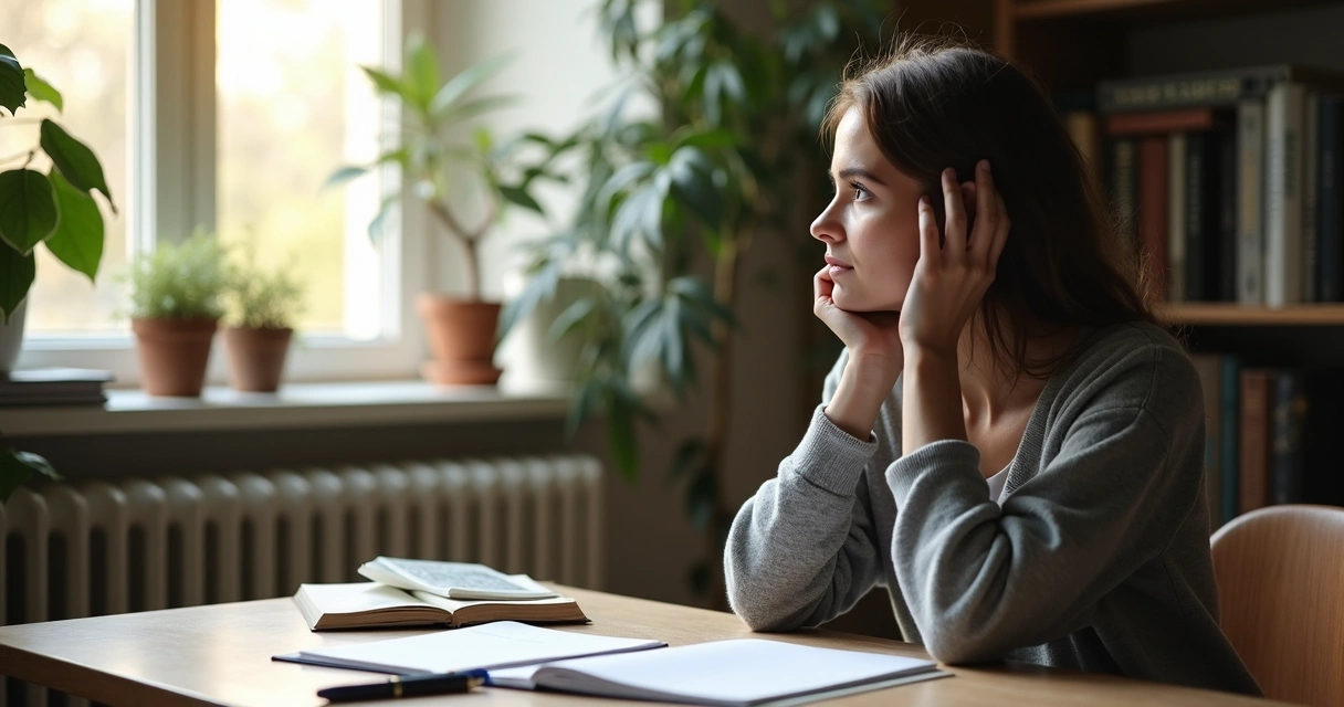 Persona reflexionando en silencio, rodeada de notas y apuntes