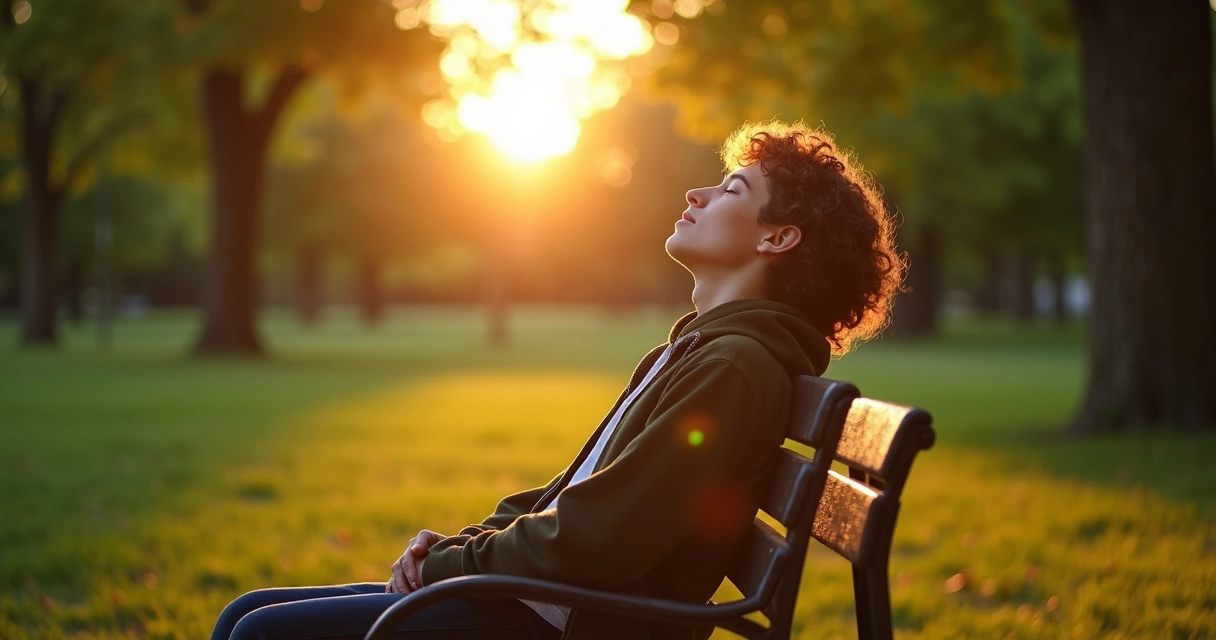 Persona sentada en silencio reflexionando en un parque durante la tarde 