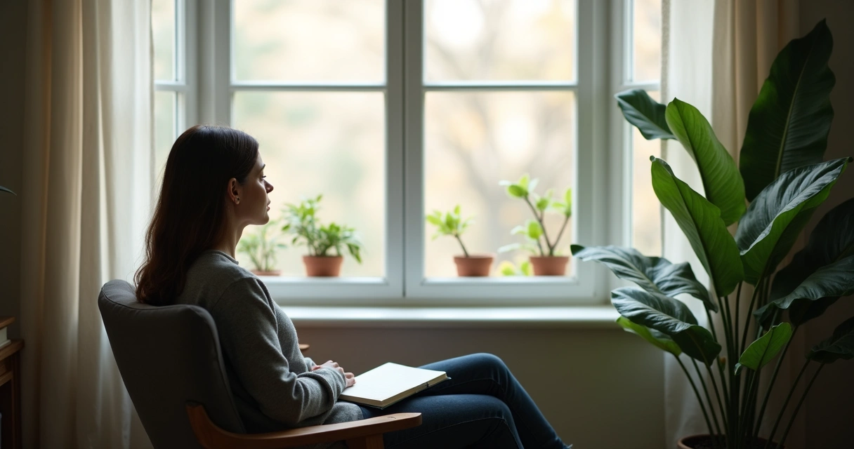 Persona sentada mirando hacia una ventana, mostrando actitud reflexiva 