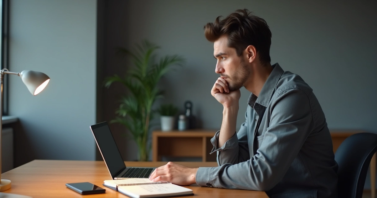 Líder reflexionando en escritorio antes de pedir ayuda 