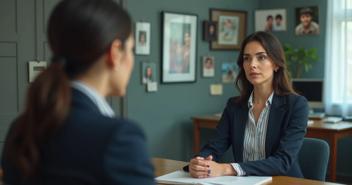 Professional reflecting while looking into a mirror with family memories in the reflection