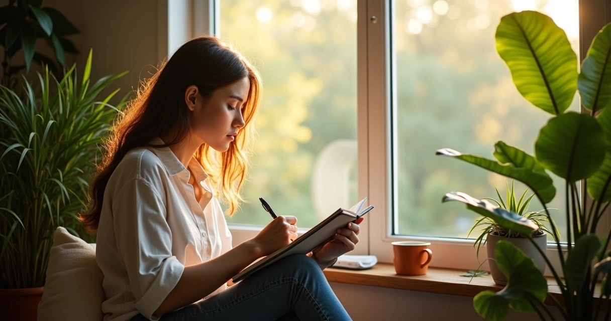 Persona sentada junto a una ventana, reflexionando con una libreta en las manos y taza de café cerca 