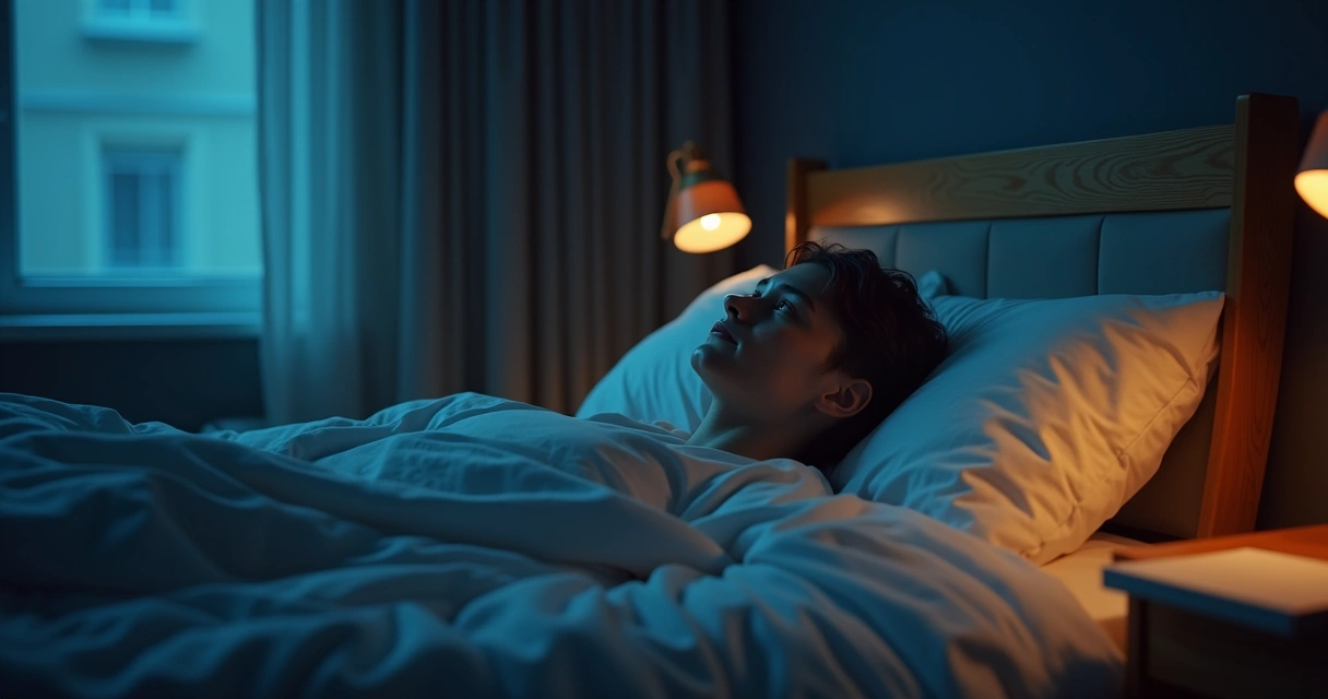 Persona acostada reflexiva observando el techo antes de dormir 