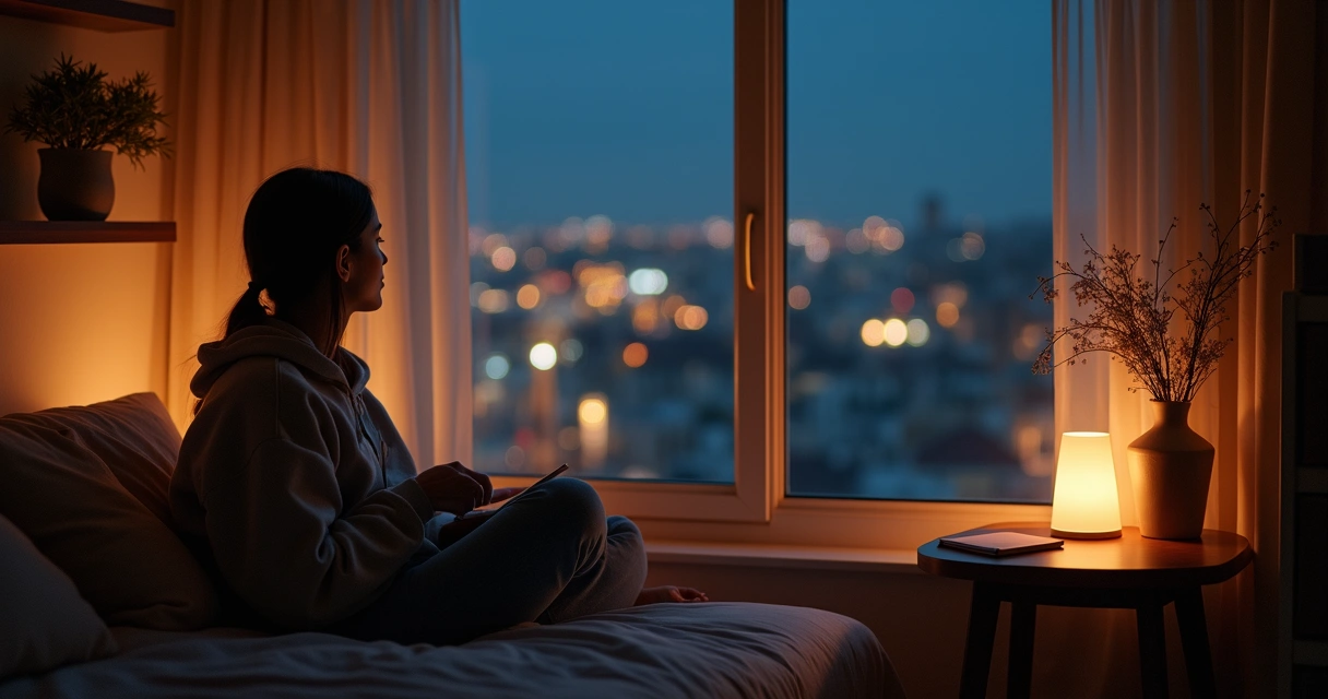 Persona sentada en una habitación tranquila mirando por la ventana durante la noche 