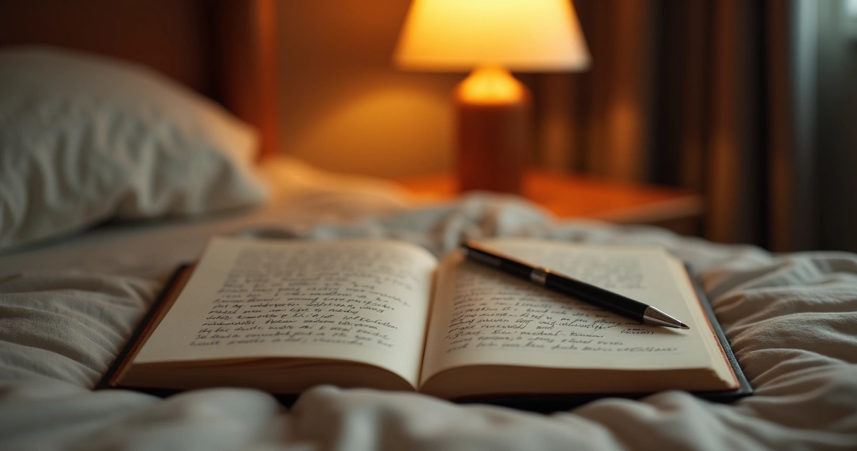 Cuaderno abierto con reflexión nocturna y lámpara tenue
