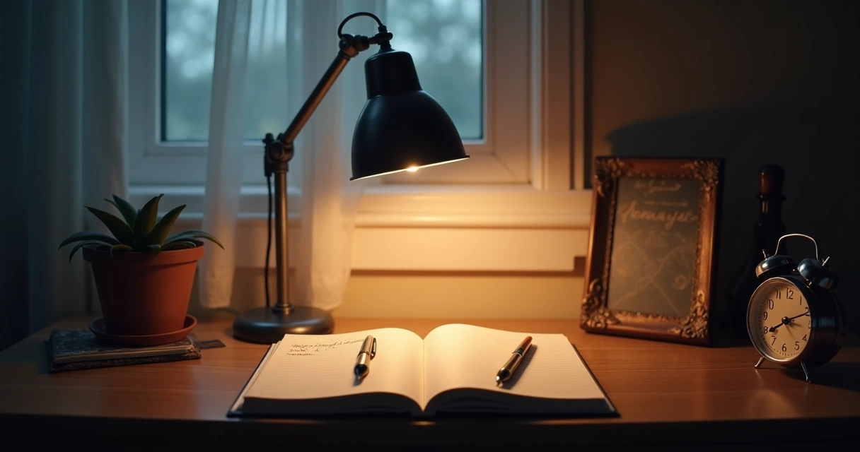 Escritorio con lámpara tenue y libreta para reflexión nocturna 