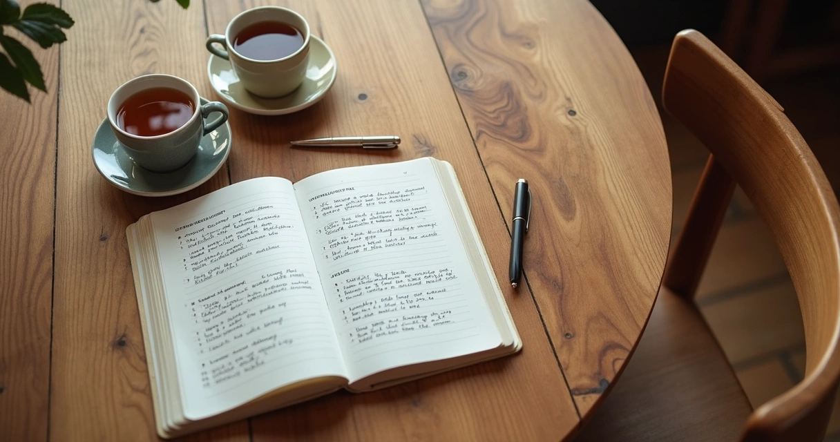 Cuaderno abierto con notas sobre emociones junto a dos tazas en una mesa