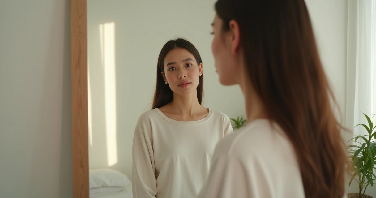 Persona reflexionando frente a un espejo con expresión tranquila 