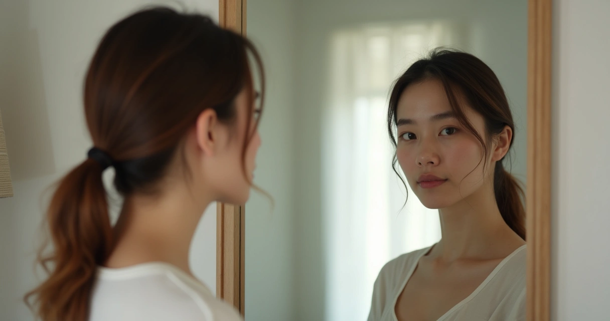 Persona reflexionando frente a un espejo con rostro sereno