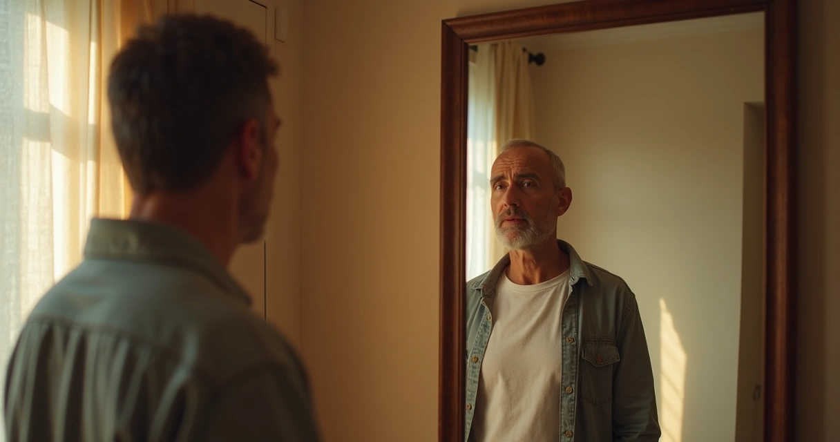 Persona adulta mirando su reflejo en un espejo 