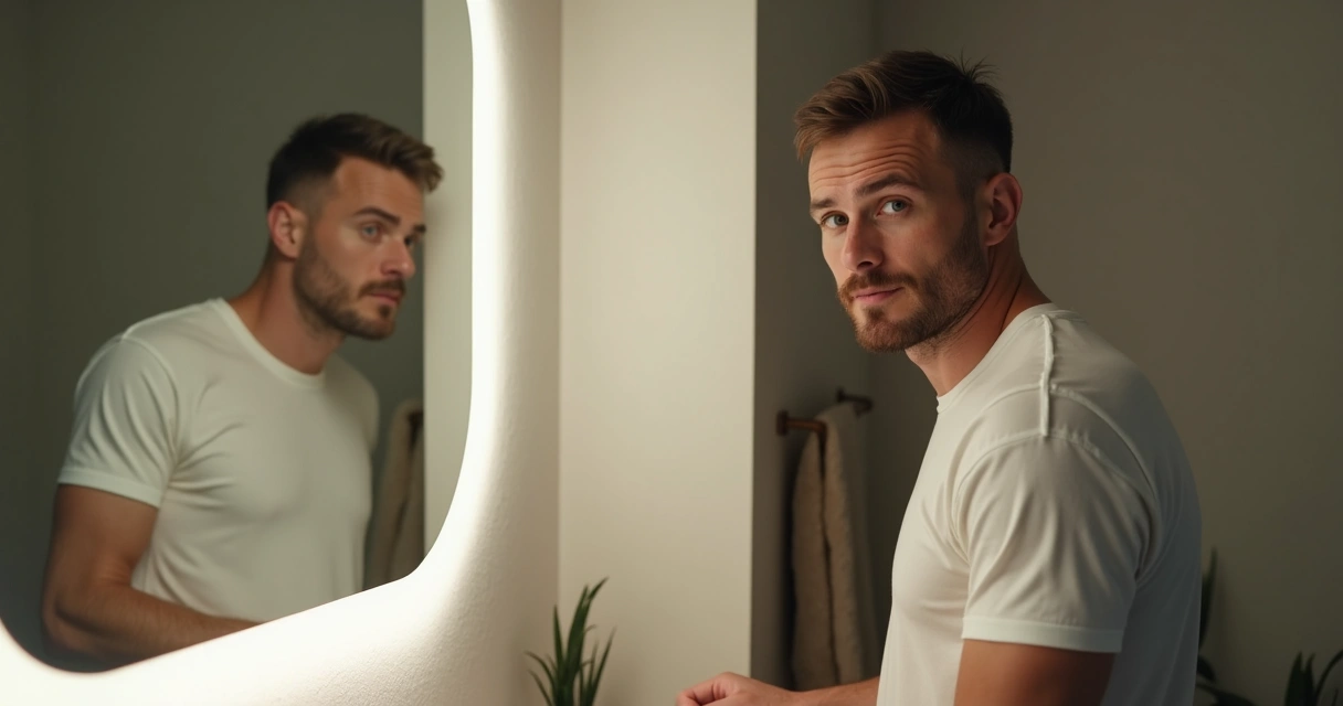 Persona mirando su reflejo en el espejo, rostro reflexivo 