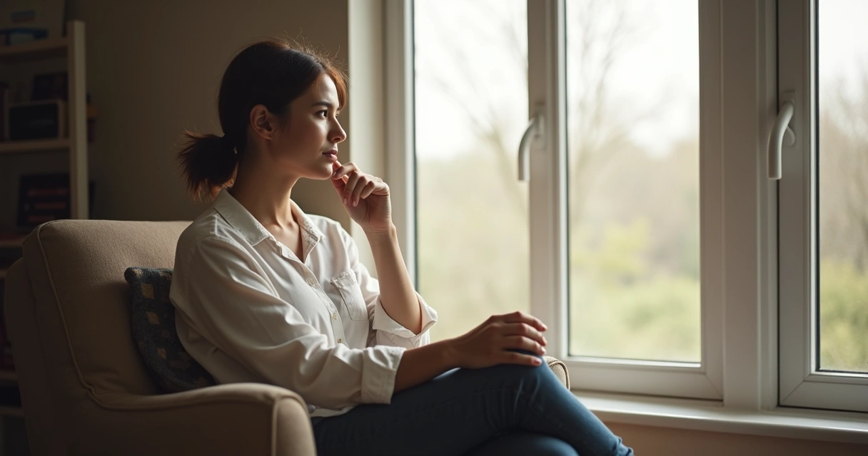 Persona reflexionando sentada junto a ventana grande 
