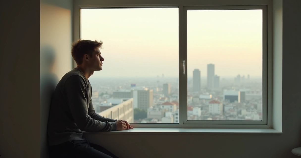 Hombre joven apoyado en la ventana con mirada reflexiva, luz suave y fondo urbano