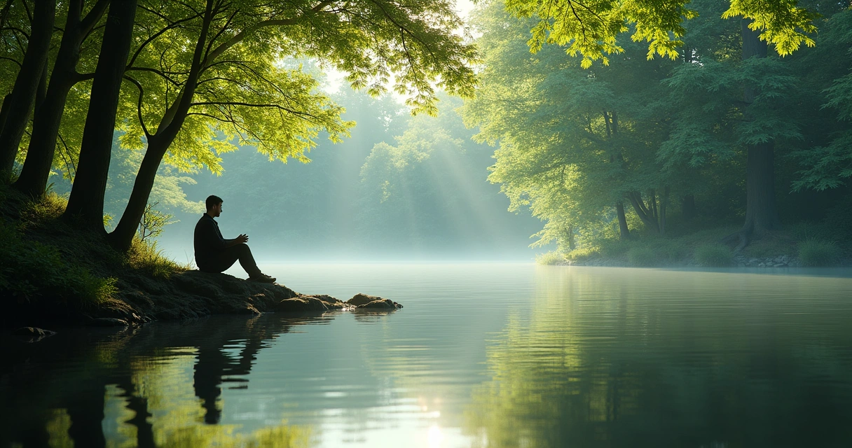 Persona sentada junto a un lago rodeado de árboles reflejándose en el agua 