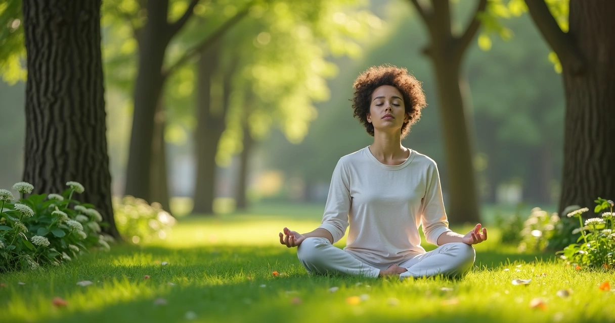 Persona sentada al aire libre meditando