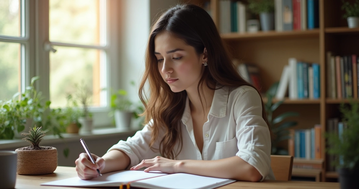 Persona reflexionando frente a un cuaderno en una mesa de trabajo iluminada 