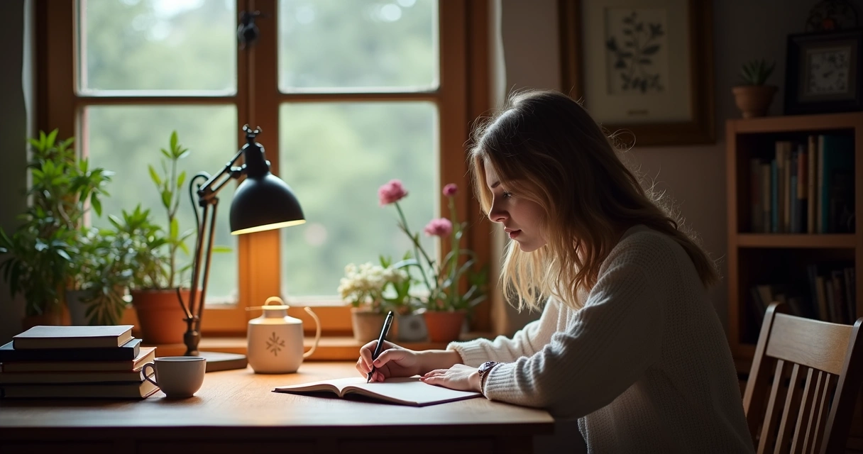 Mujer reflexionando y tomando notas en un escritorio 