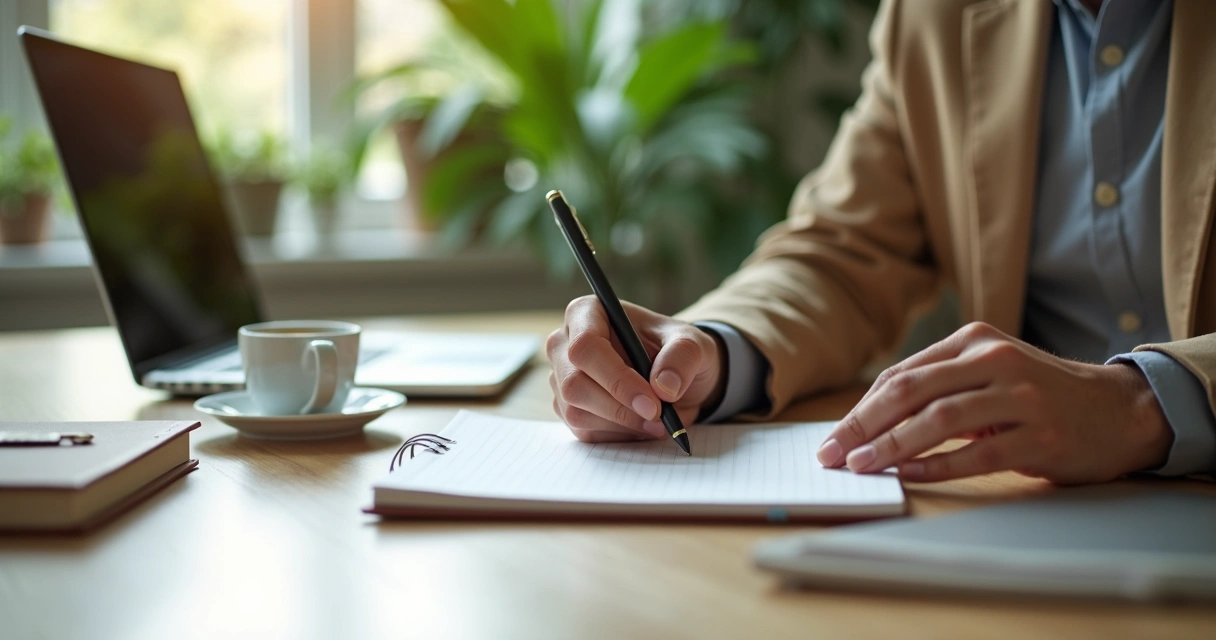 Profesional escribiendo reflexiones en un escritorio de oficina 
