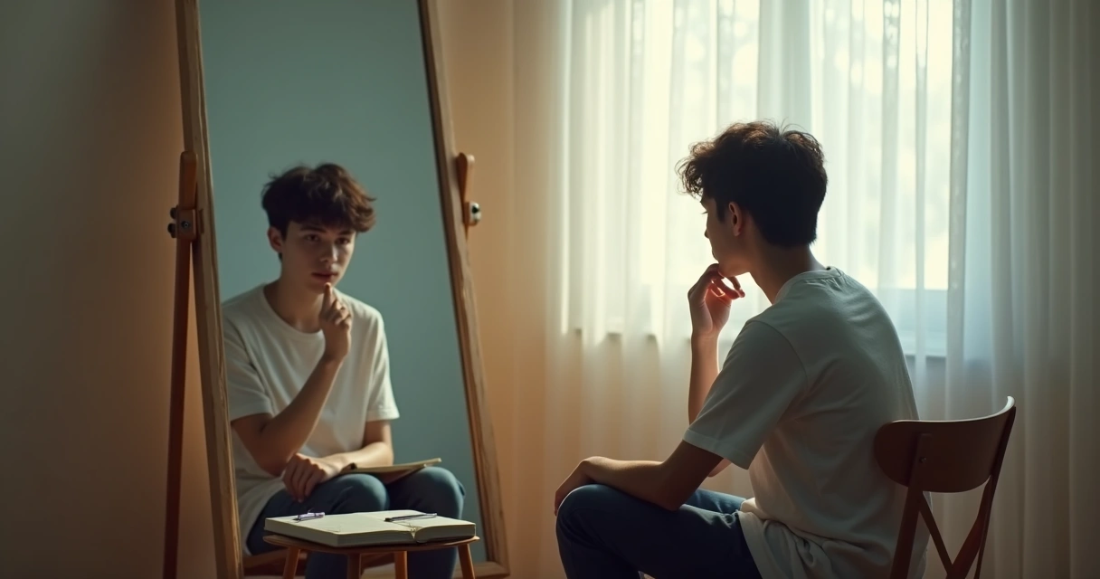 Persona sentada frente a un espejo realizando una reflexión personal