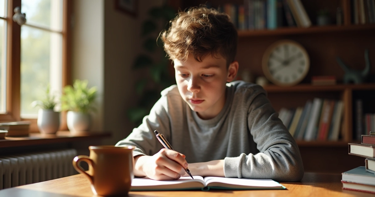 Joven revisa sus creencias en un cuaderno 