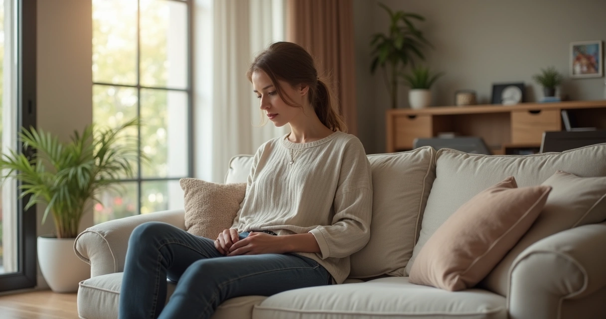 Mujer sentada en el sofá en actitud reflexiva dentro de un hogar
