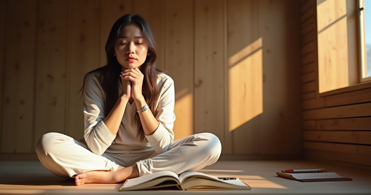 Persona en actitud de reflexión junto a libros y cuaderno a la luz natural 